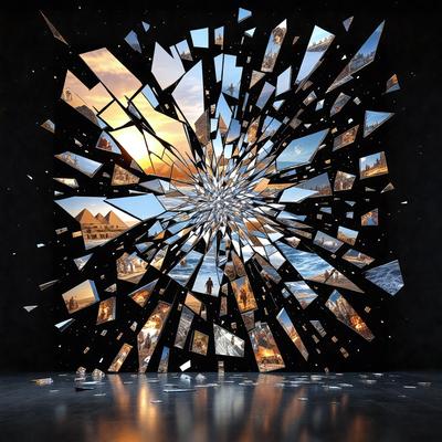The primary subject of the image is a large, shattered glass piece, which is the main focus of the scene. The setting is a black background, and the visual style appears to be a combination of digital art and illustration. The colors in the image are predominantly black and white, giving it a dramatic and artistic atmosphere.